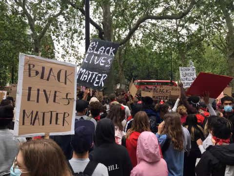 BLM Protest in London, 2020, crowd with Banners including Black LIves Matter